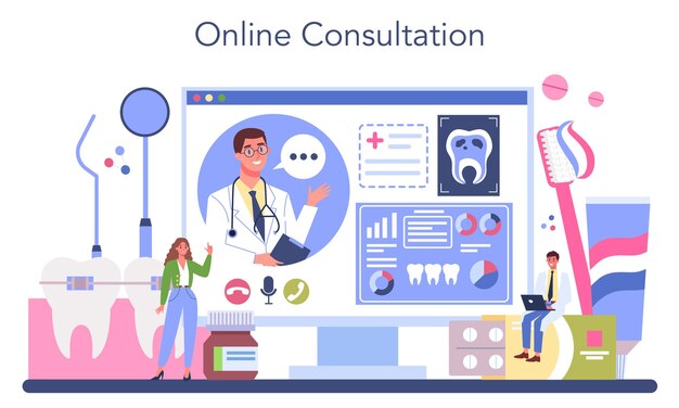Service ou plate-forme en ligne de dentiste Médecin dentaire en uniforme traitant les dents humaines avec équipement Traitement des caries Consultation en ligne Illustration vectorielle plane