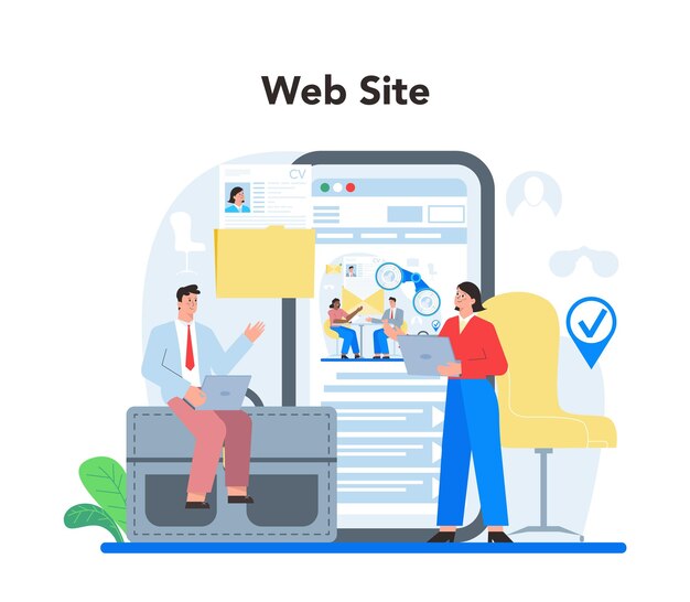 Service ou plate-forme en ligne d'entretien d'embauche Idée de procédure d'emploi et d'embauche Recruteur à la recherche d'un candidat Site Web Illustration vectorielle plane