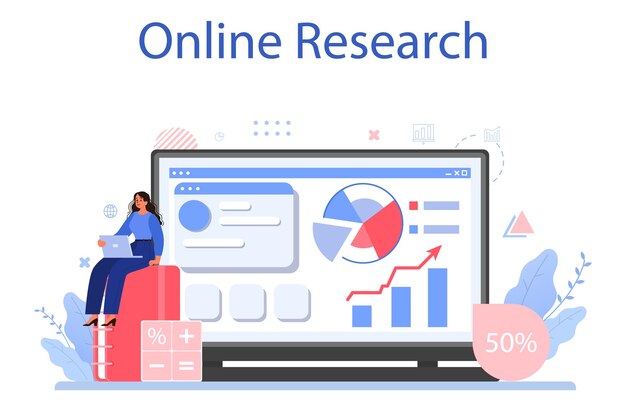 Service ou plate-forme en ligne d'étude de marché Recherche commerciale pour le développement de nouveaux produits Analyse des statistiques de données de marché et publicité sur les produits Recherche en ligne Illustration vectorielle plane isolée