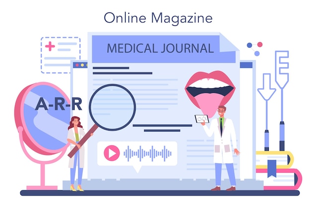 Service Ou Plate-forme En Ligne D'orthophoniste Correction Didactique Médecin Diagnostiquant Et Traitant Les Problèmes De Communication Et Les Troubles De La Parole Magazine En Ligne Illustration Vectorielle à Plat