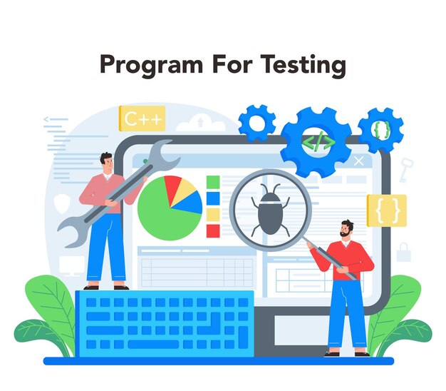 Service ou plate-forme en ligne de programmeur Programme de test et d'écriture de codage Développement et optimisation de sites Web Programme de test Illustration vectorielle isolée