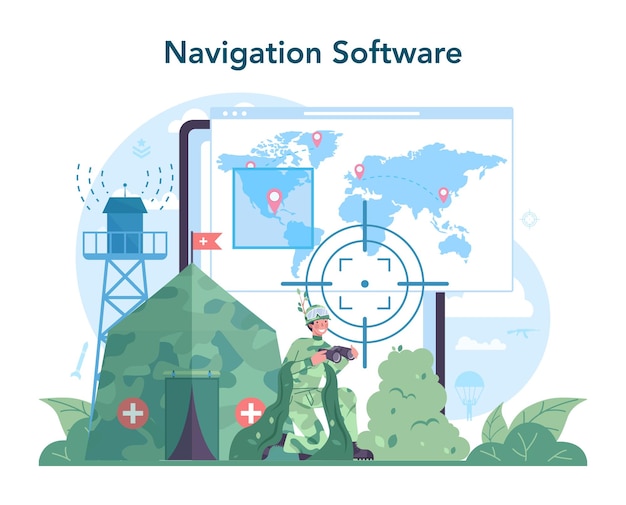 Service Ou Plate-forme En Ligne De Soldat Employé De La Force Militaire En Tenue De Camouflage Avec Une Arme Entraînement Militaire Logiciel De Navigation Illustration Vectorielle Plane