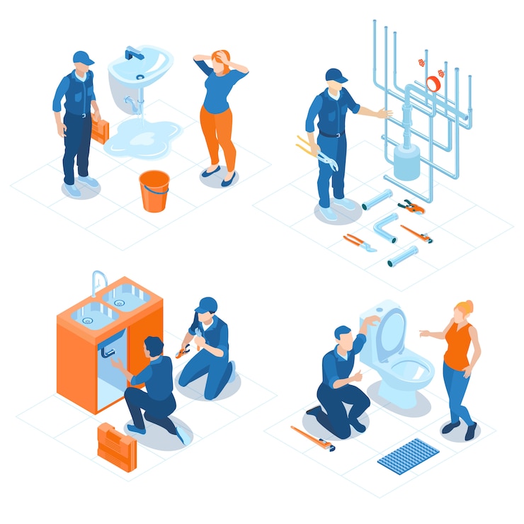 Vecteur gratuit service de plomberie isométrique bureau à domicile salle de bain installations de fixation sanitaire réparation de système de chauffage de chaudière