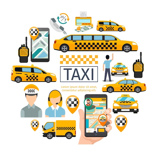 Vecteur gratuit service de taxi plat concept rond avec radio de passager opérateur pilote set pointeurs de carte compteur d'argent mobile avec application de navigation illustration de voitures différentes