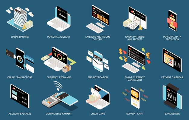 Services bancaires mobiles en ligne ensemble isométrique de notification sms paiement sans contact dépenses de compte personnel et contrôle des revenus soutien chat icônes isolées illustration vectorielle