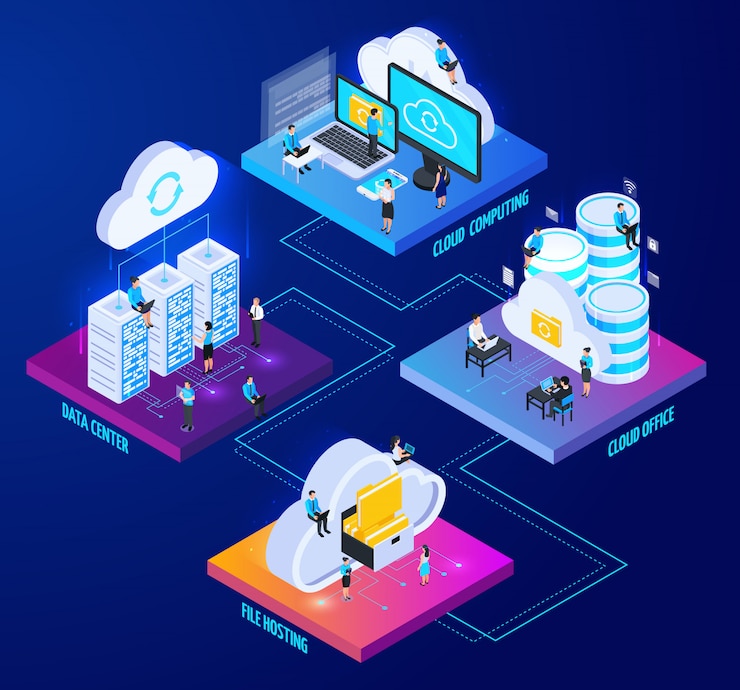 Vecteur gratuit services cloud composition isométrique 2x2 avec des icônes de pictogramme et des images d'ordinateurs avec peu de gens vector illustration