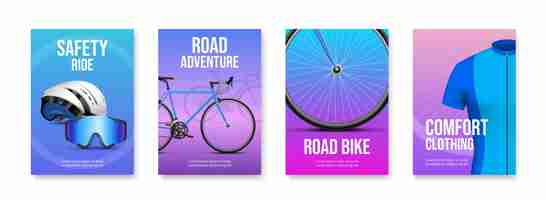 Vecteur gratuit set d'affiches de vélos de couleur néon verticales réalistes avec accessoires de vélo de route pour une conduite de sécurité et des vêtements de confort illustration vectorielle isolée