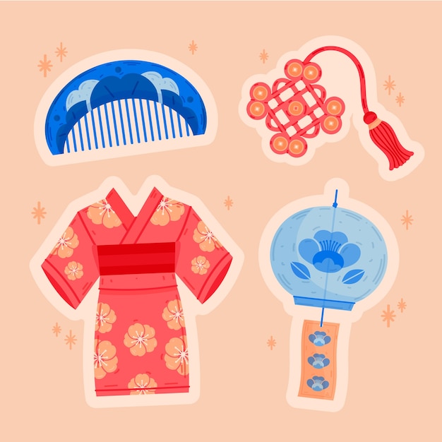 Set d'autocollants japonais dessinés à la main