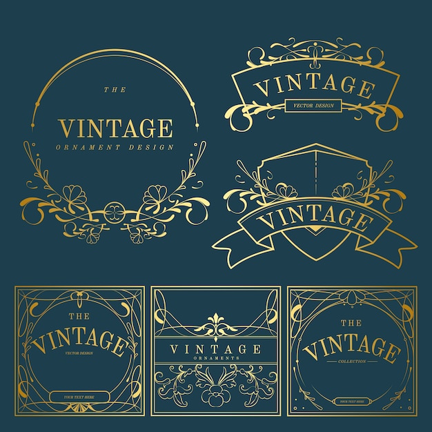 Vecteur gratuit set de badges art nouveau doré vintage sur vecteur bleu