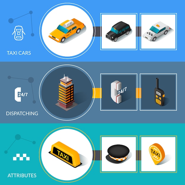 Vecteur gratuit set de bannières informatives plat isométrique taxi