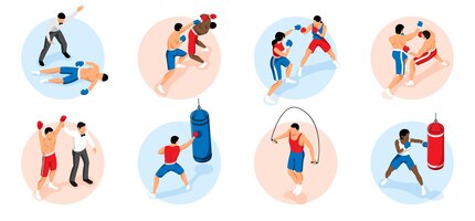 Set de boxe isométrique avec des compositions en cercle de scènes d'entraînement et de combat de boxe avec des hommes et des femmes
