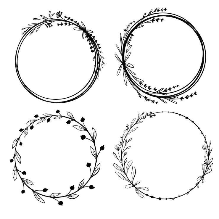Vecteur gratuit set de couronnes florales circulaires dessinées à la main, cadre floral à la frontière pour la conception de cartes de vœux de mariage en bannière