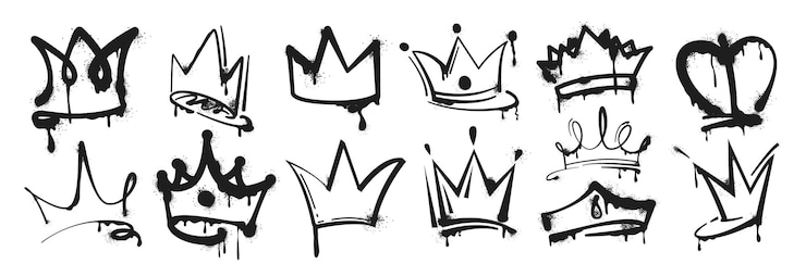 Vecteur gratuit set de couronnes de roi et de tiare de princesse peintes en spray avec des éclaboussures d'encre