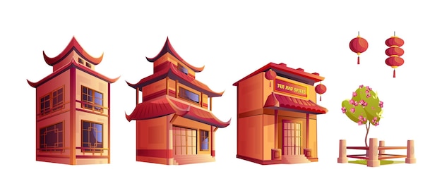 Vecteur gratuit set de dessins animés de bâtiments chinois isolés sur fond blanc illustration vectorielle de l'architecture asiatique traditionnelle maison temple boutique de thé lanternes en papier rouge arbre sakura éléments de design de rue