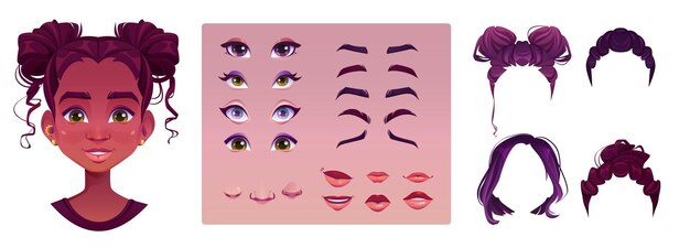 Set de dessins animés de construction de visage de femme africaine avatar