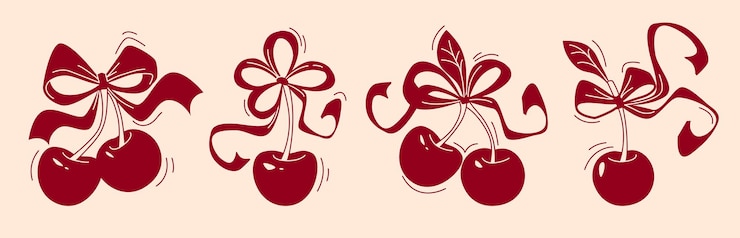 Vecteur gratuit set de fruits de cerise avec des nœuds décoratifs en ruban