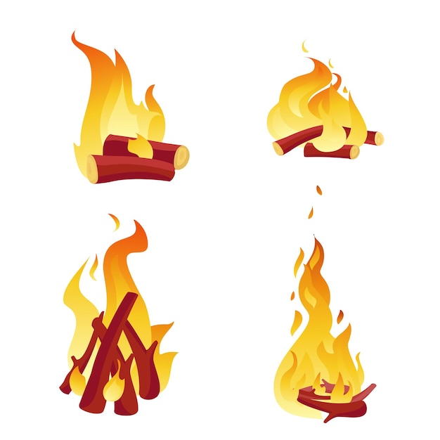 Vecteur gratuit set d'icônes de bûches brûlées sur un feu de camp conception de dessins animés bonfire feu jaune extérieur isolé sur un vecteur blanc