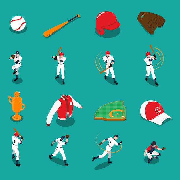 Vecteur gratuit set d'icônes isométrique baseball