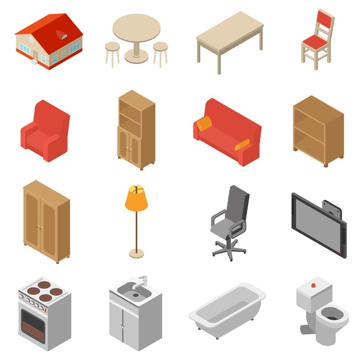 Vecteur gratuit set d&#39;icônes isométrique intérieur