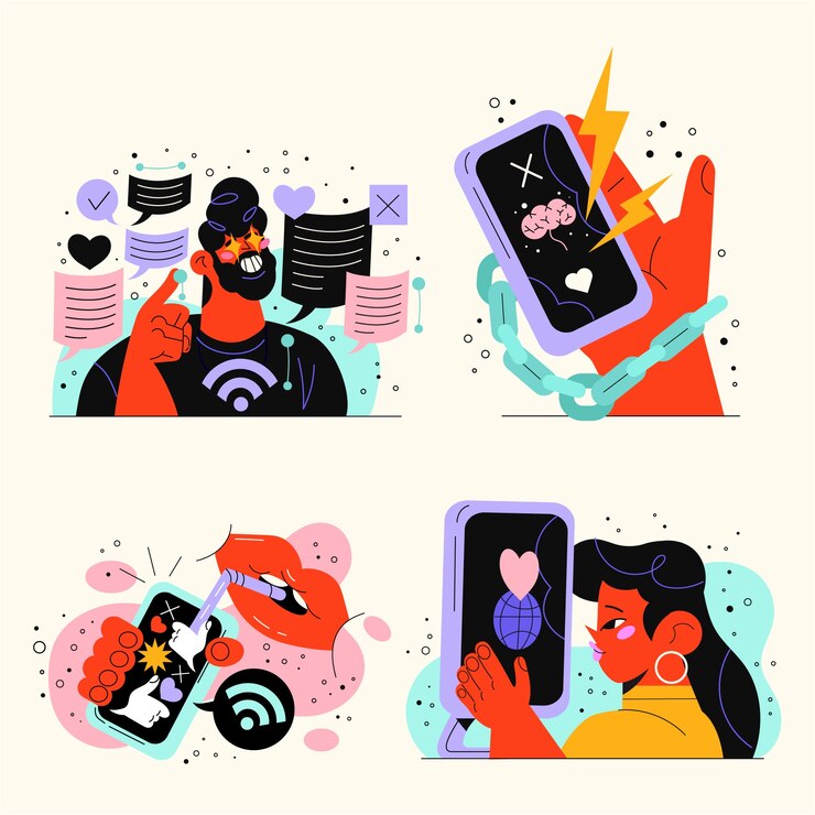 Vecteur gratuit set d'illustrations dessinées à la main sur la dépendance à internet
