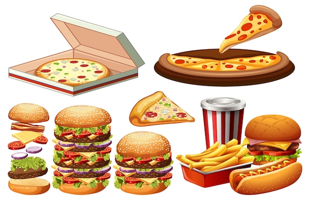 Vecteur gratuit set d'illustrations de dessins animés de fast-food malsains