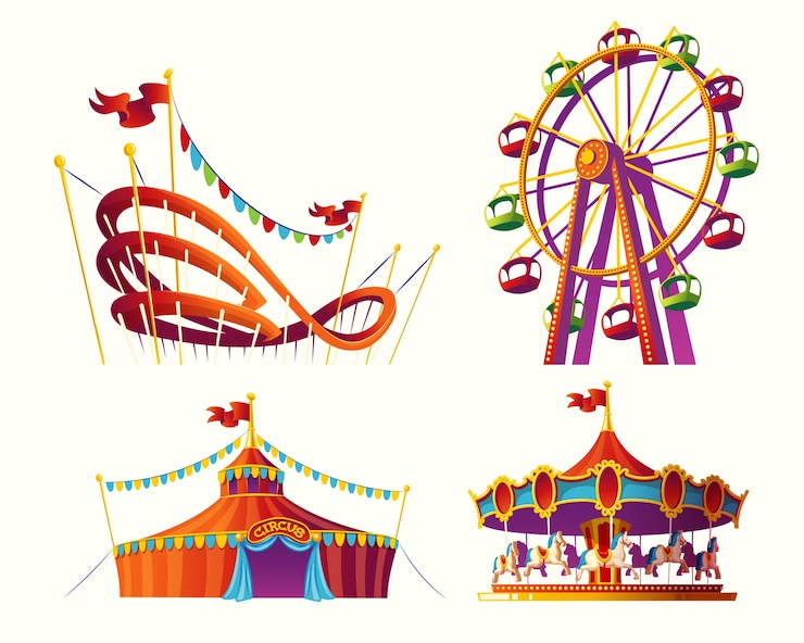 Vecteur gratuit set d'illustrations de dessins animés vectoriels pour un parc d'attractions