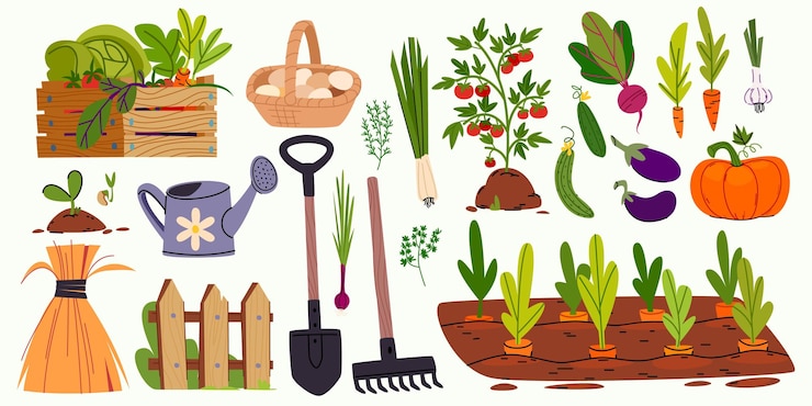 Vecteur gratuit set d'outils de jardinage et de légumes