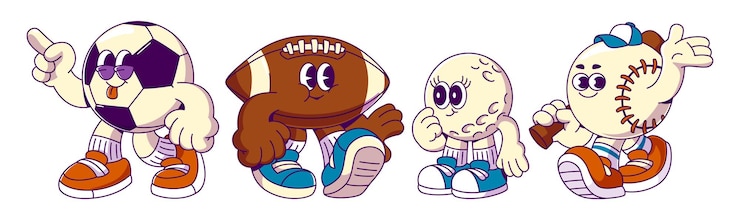 Vecteur gratuit set de personnages de balles de sport de dessins animés rétro