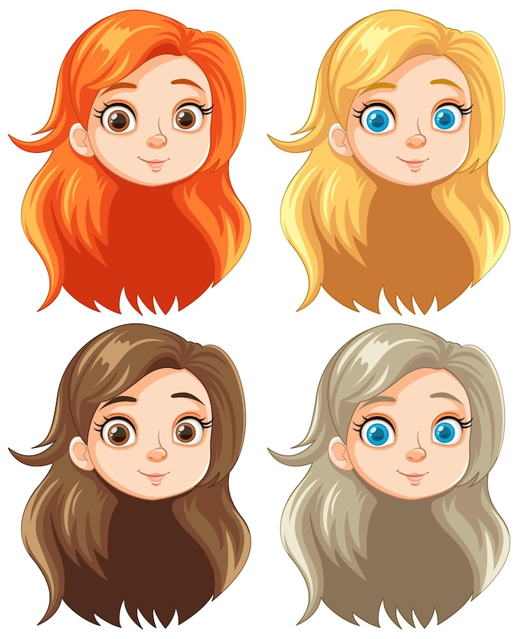 Vecteur gratuit set de quatre belles têtes de filles de dessins animés