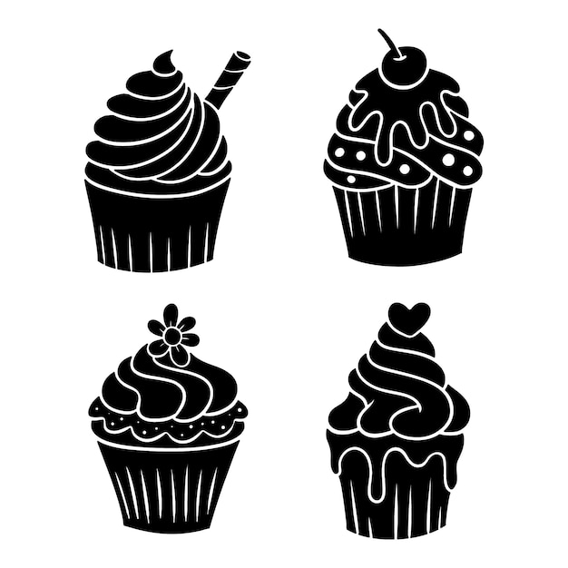 Vecteur gratuit set de silhouettes de cupcake dessinées à la main