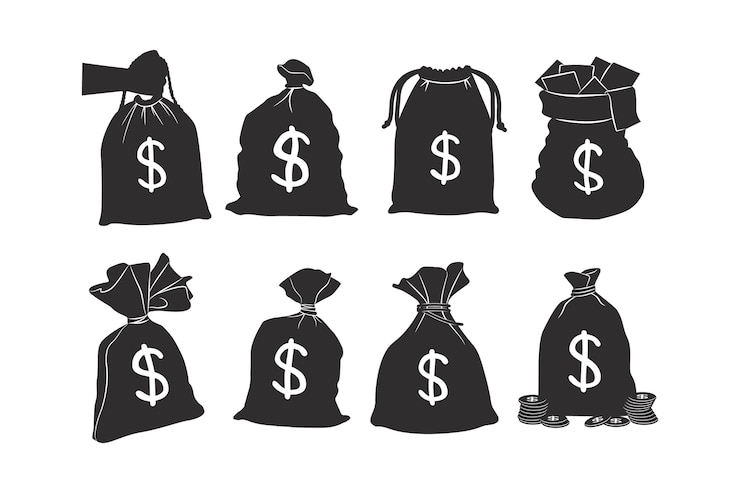 Vecteur gratuit set de silhouettes de sacs d'argent dessinés à la main