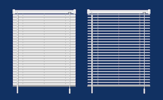 Vecteur gratuit set de stores de fenêtre réalistes avec des vues frontales isolées de stores blancs suspendus et à moitié ouverts illustration vectorielle