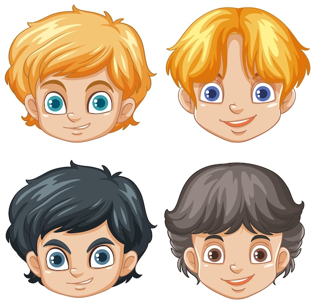 Vecteur gratuit set de têtes de dessins animés pour garçons