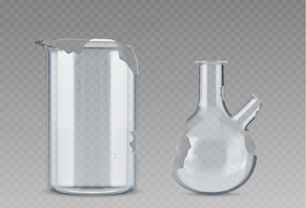 Vecteur gratuit set de verre de laboratoire cassé isolé sur un fond transparent illustration vectorielle réaliste d'un gobelet de laboratoire endommagé et d'un flacon avec du verre fissuré des récipients 3d endommagés pour une substance chimique