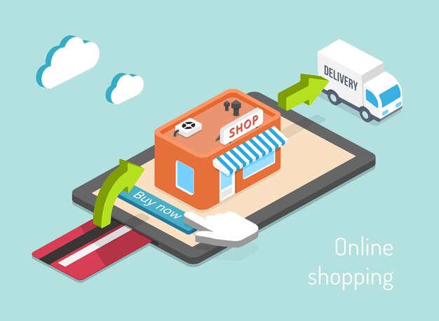 Shopping en ligne. Achat, paiement et livraison infographie 3D