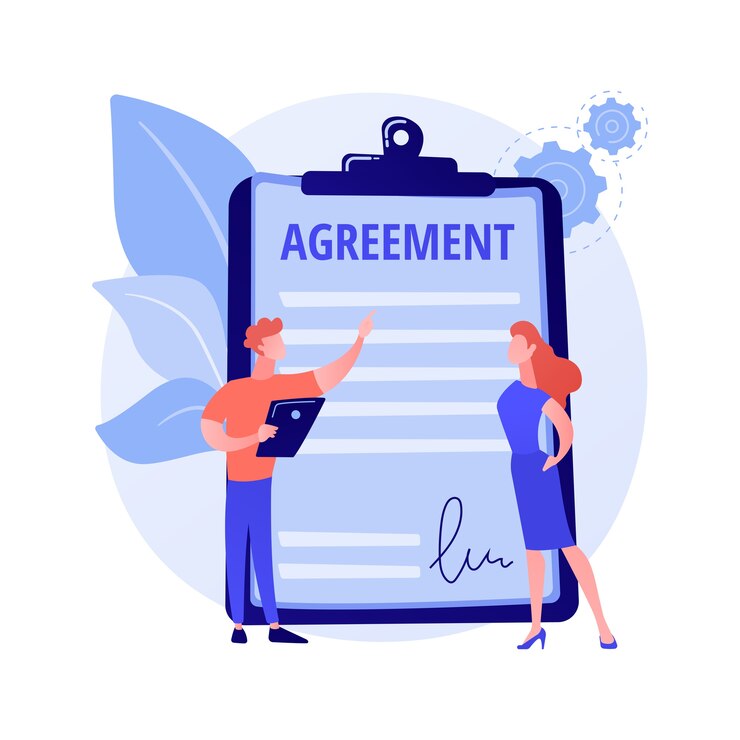 Vecteur gratuit signature de documents. accord de partenariat, consultation commerciale, arrangement de travail. client et assistant écrivant des personnages de dessins animés sous contrat.
