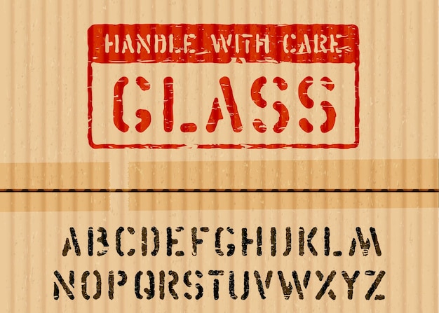 Signe de boîte en verre grunge sur morceau de carton pour la logistique ou le fret et l'alphabet. signifie fragile, à manipuler avec précaution. illustration vectorielle