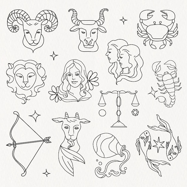 Vecteur gratuit signes du zodiaque doodle élément de collage, horoscope illustration set vector