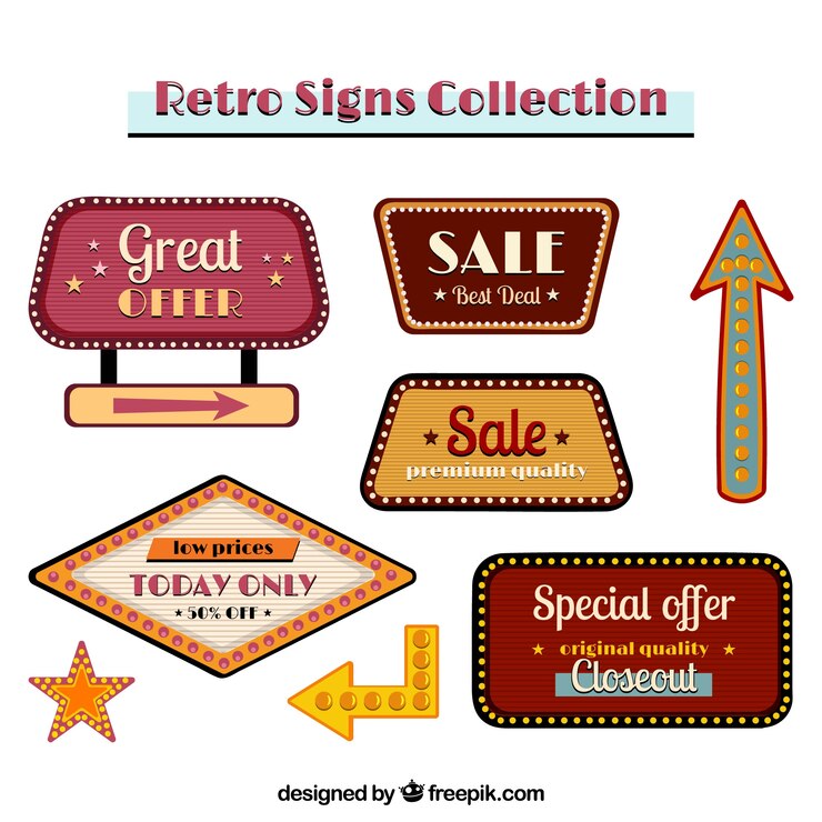 Vecteur gratuit signes vintage spectaculaires avec des lumières