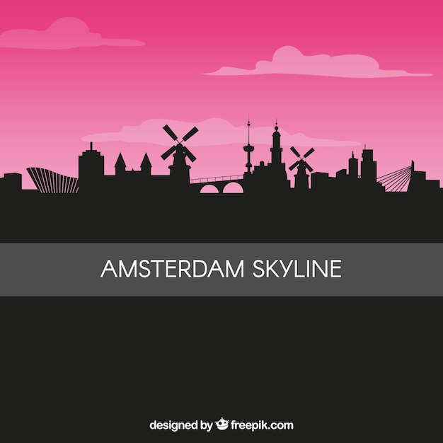 Vecteur gratuit silhouette amsterdam skyline fond