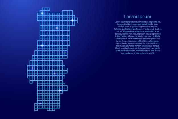 Silhouette de carte du portugal à partir de carrés de structure en mosaïque bleue et d'étoiles brillantes. illustration vectorielle.