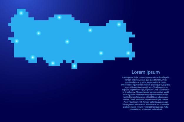 Silhouette de carte de turquie à partir de pixels carrés bleus et d'étoiles brillantes. illustration vectorielle.