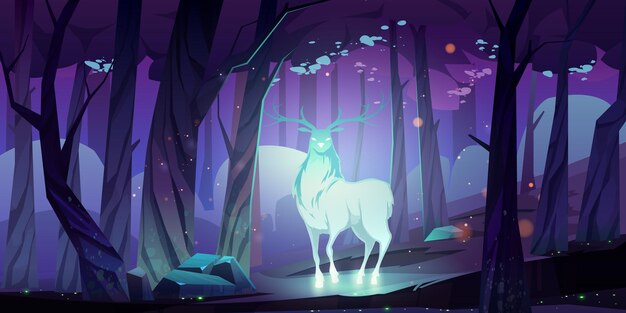 Silhouette de cerf lumineux mystique dans la forêt sombre la nuit