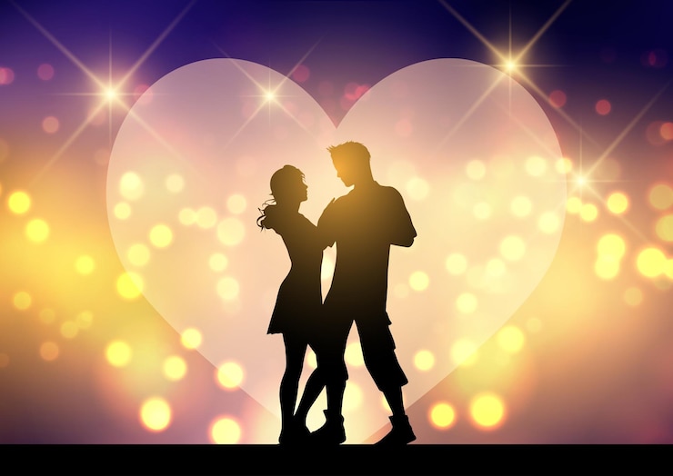 Vecteur gratuit silhouette d'un couple sur un fond de lumières bokeh avec un cœur