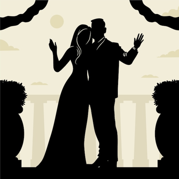 Silhouette De Couple De Mariage Dessiné à La Main