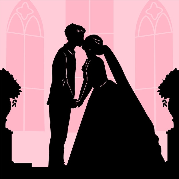 Vecteur gratuit silhouette de couple de mariage dessiné à la main