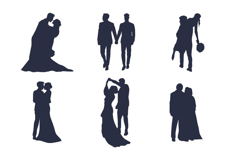 Vecteur gratuit silhouette de couple de mariés dessinée à la main