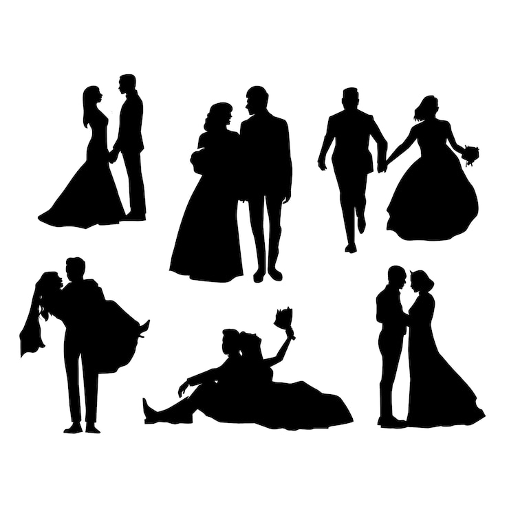 Vecteur gratuit silhouette de couple de mariés dessinée à la main