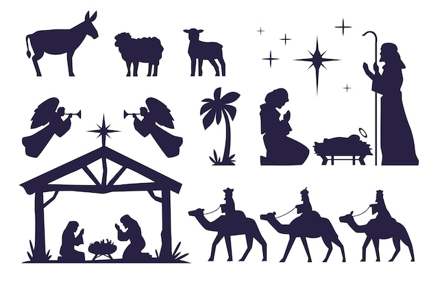 Vecteur gratuit silhouette de crèche de noël plat