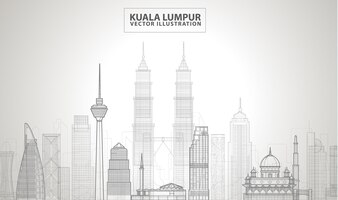 Silhouette détaillée de kuala lumpur. illustration de ligne vectorielle.